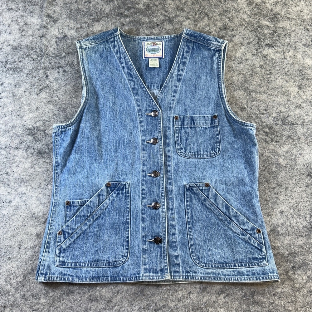 Vintage St Johns Bay Denim Vest Women's Medium Blue Button Front Pockets Y2K 90s